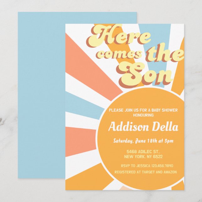 Invitation Retro Sunshine Sun Baby shower de garçon à thème (Devant / Derrière)