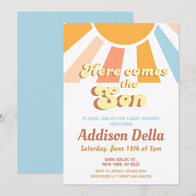 Invitation Retro Sunshine Sun Baby shower de garçon à thème (Devant / Derrière)
