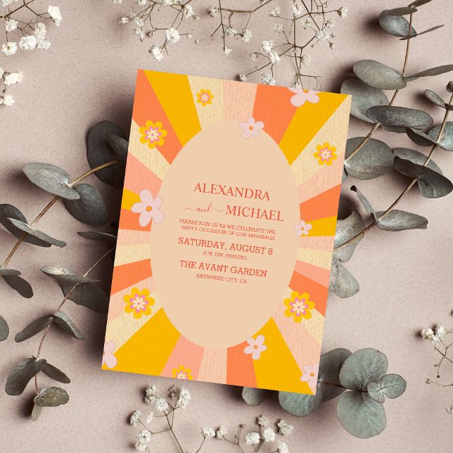 Invitation Retro Super 70's à thème orange jaune Mariage (Créateur téléchargé)