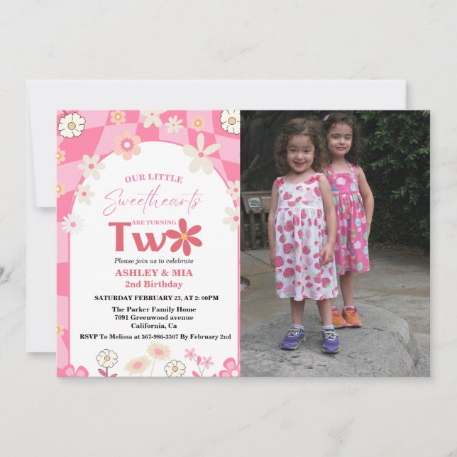 Invitation Retro Super Daisy Boho Twin 2e anniversaire (Devant)