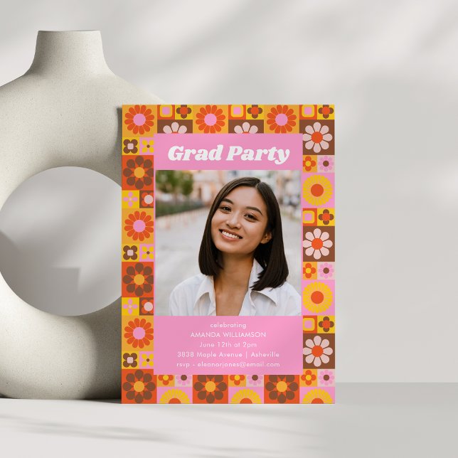 Invitation Retro Super Floral Pink Graduation Party Photo (Créateur téléchargé)