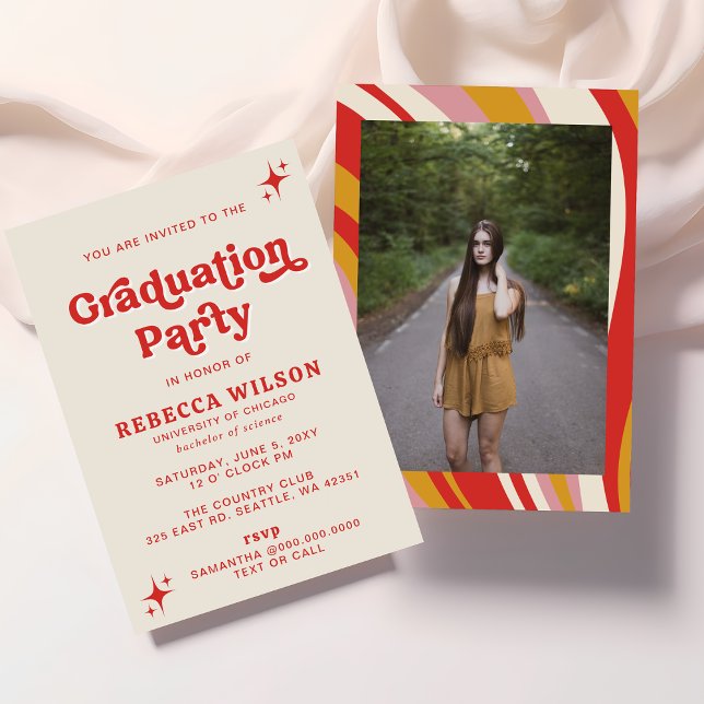 Invitation Retro Super ivoire rouge les années 70 fête de gra (Retro Photo Graduation Invitation)