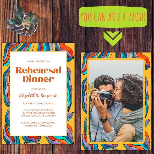 Invitation Retro super Retro Jaune Mariage de répétition Dîne (Front and Back)