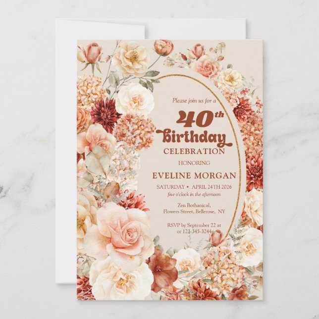 Invitation Retro super terre cuite blush floral 40e anniversa (Devant)