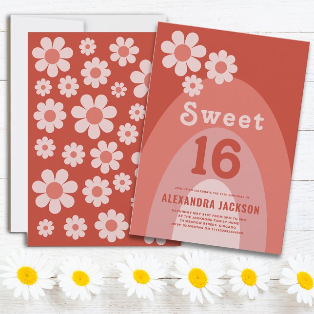 Invitation Retro Sweet 16 Anniversaire de fête Orange (Sweet 16 Retro vintage daisy arch peach orange 16th birthday party with groovy typography )