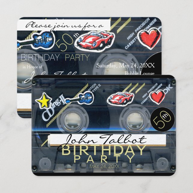 Invitation Retro T3 Cassette 50e Anniversaire Fête Inv (Devant / Derrière)