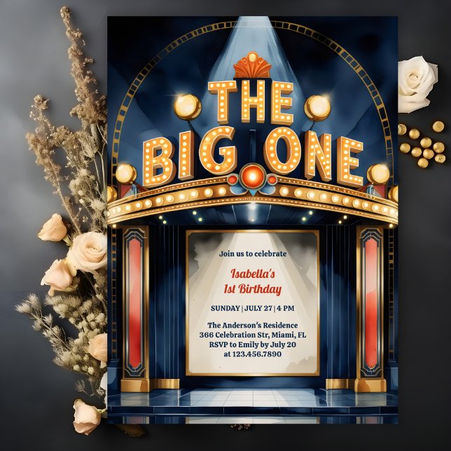 Invitation Retro The Big One Hollywood Theatre 1er anniversai (The Big ONE First Birthday Invitation Theatre Marquee Hollywood Theme Invitation)