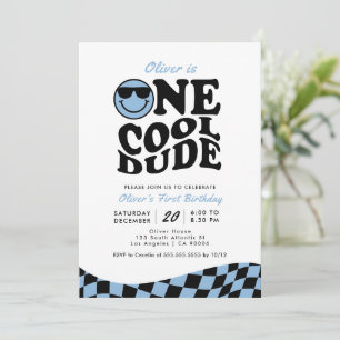 Invitation Retro Un Cool Dude Blue Smile Face 1er anniversair