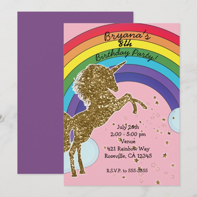 Invitation Retro Unicorn Rainbow & Gold Stars Anniversaire (Devant / Derrière)