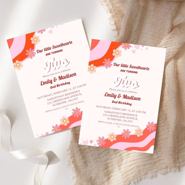 Invitation Retro Valentine Sweetheart Twin 2e anniversaire (Créateur téléchargé)