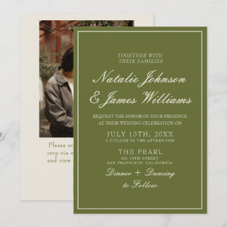 Invitation Rétro Vert Olive Ancien Argent Code QR Photo Maria