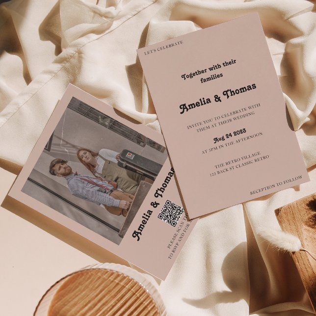 Invitation Retro Vibes Boho Beige Photo QR Code Mariage (Créateur téléchargé)