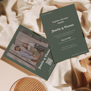Invitation Retro Vibes Dark Green Photo QR Code Mariage