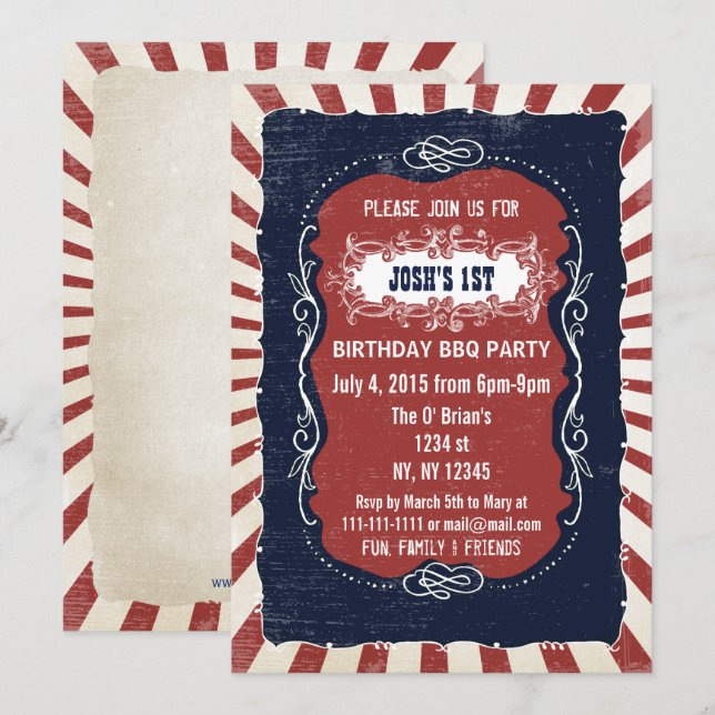 Invitation Retro Vintage 4 juillet anniversaire (Devant / Derrière)