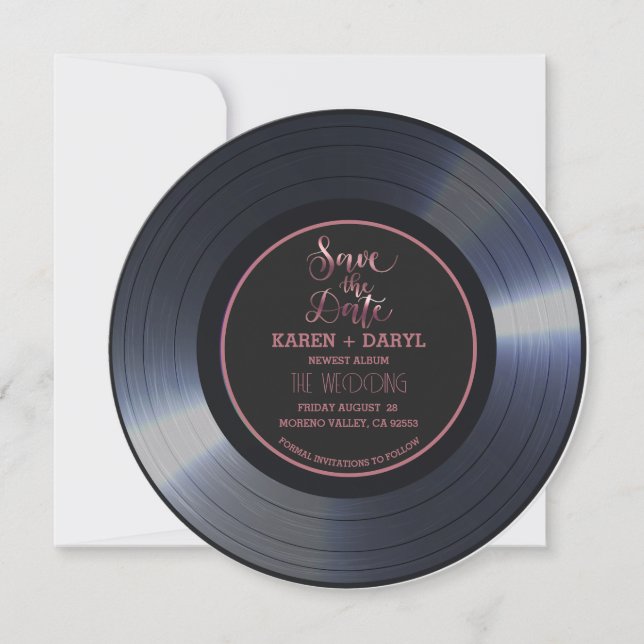 Invitation Retro Vinyl Record Noir Mariage Enregistrer la Dat (Devant)