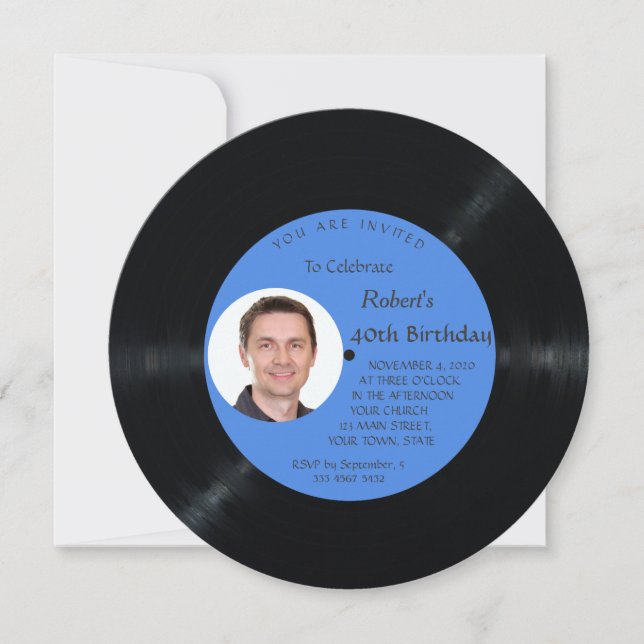 Invitation Retro Vinyl Record Photo Homme Anniversaire Invita (Devant)