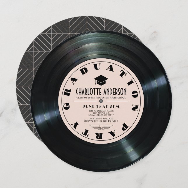 Invitation Retro Vinyl Record Pink Graduation (Devant / Derrière)