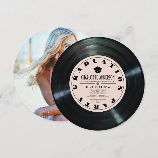 Invitation Retro Vinyl Record Pink Graduation Photo (Devant / Derrière)