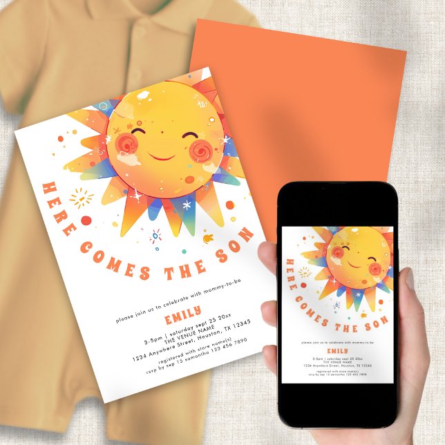 Invitation Retro Voici Le Baby shower Fils (Front and back vie. Available digitally and printed)