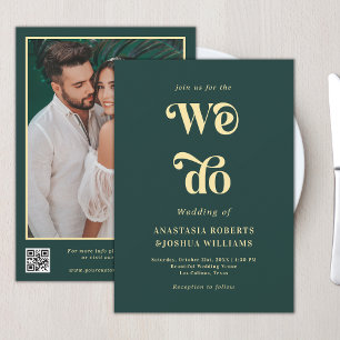 Invitation Retro We Do Emerald Green & Gold QR Code Mariage
