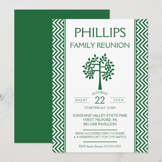 Invitation Retrouvailles de la famille Zig Zag verte et blanc (Devant / Derrière)