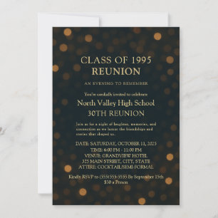 Invitation Réunion de classe 30 ans Bokeh Or Navy Élégant