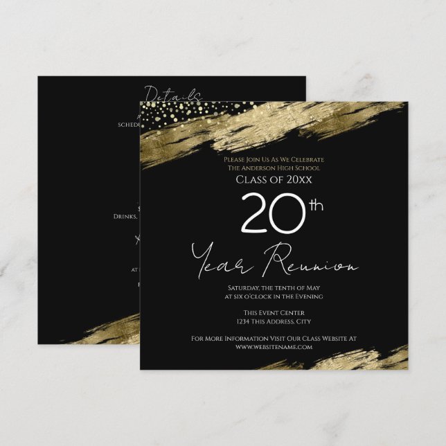Invitation Réunion De Classe Avec Détails Gold Black Invitati (Devant / Derrière)