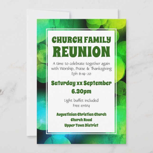 Invitation Réunion de famille d'église personnalisée verte Bo (Devant)