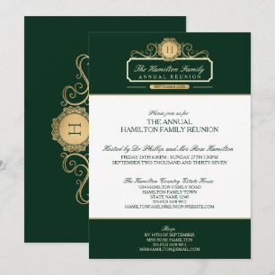 Invitation Réunion de famille élégante Monogramme Vert Or
