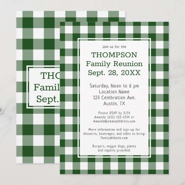 Invitation Réunion de famille Fête à carreaux verts et blancs (Devant / Derrière)