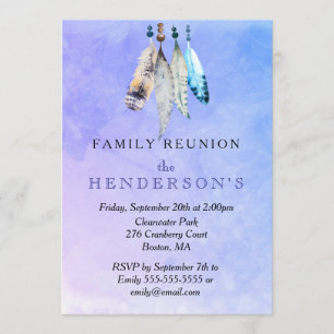 Invitation Réunion de famille Plumes Aquarelle sur Fond Viole