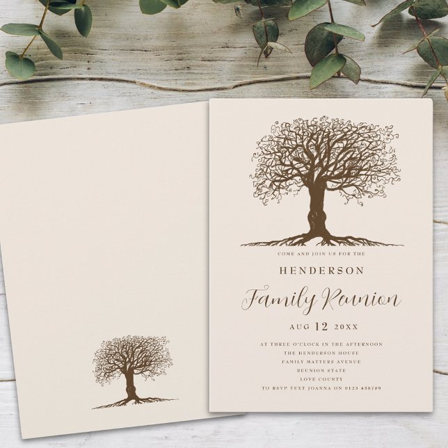 Invitation Réunion familiale (Family tree family reunion brown and beige elegant script invitation Rustic stylish family gathering)