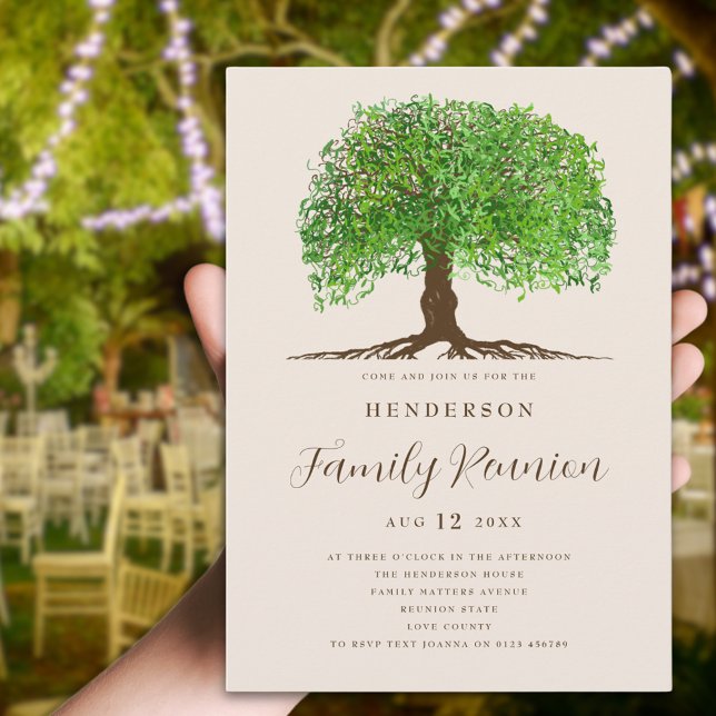 Invitation Réunion familiale (Watercolor Tree with roots and leaves family reunion invitation modern elegant script )