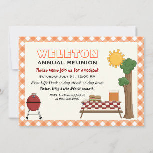 Invitation Réunion familiale barbecue, orange en vichy bordur