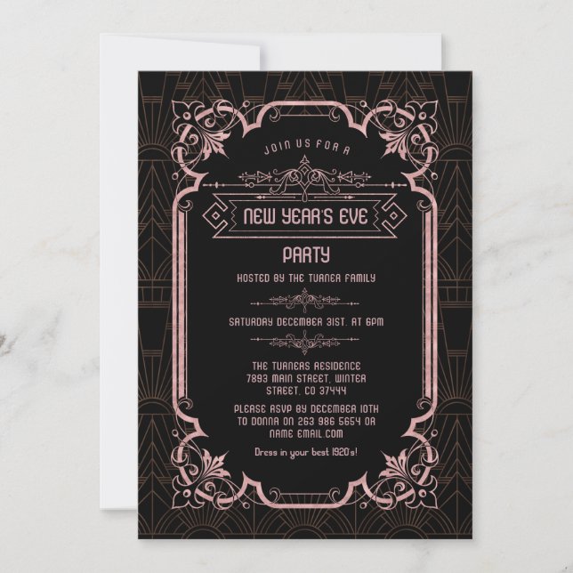 Invitation Réveillon Art déco rose Gold Fleur-de-lis (Devant)