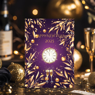 Invitation Réveillon du Nouvel An élégant violet avec feuilla