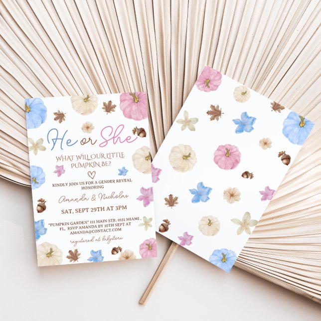 Invitation Révélation de genre Automne Citrouille rose bleu (Créateur téléchargé)