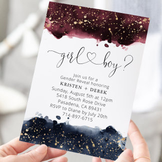 Invitation Révélation de genre Burgundy et Navy Blue Watercol
