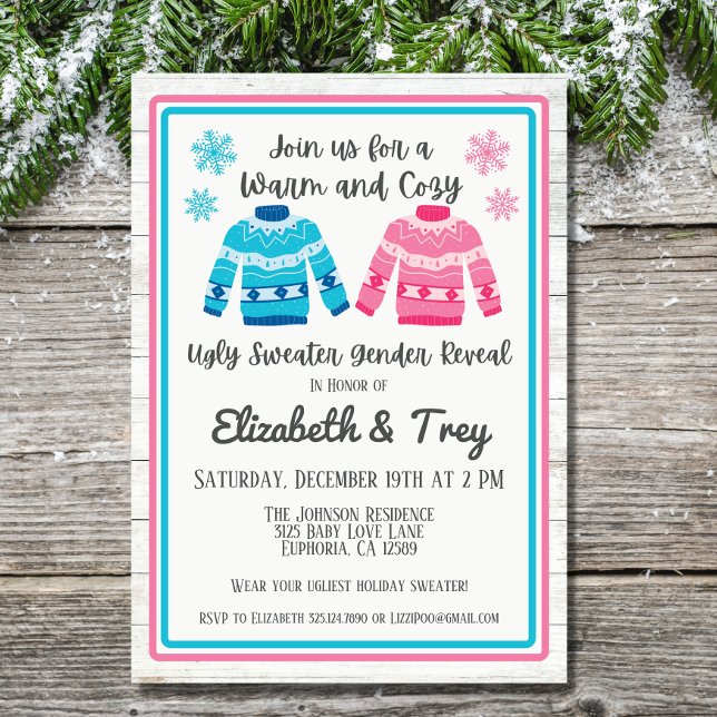 Invitation Révélation de genre de Noël rose ou bleu moche (The perfect winter gender reveal!  The ugly sweater invitations are sure to make your party festive)