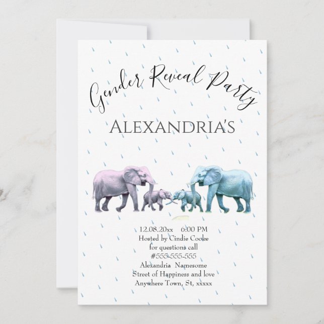 Invitation Révélation de genre des éléphants roses et bleus m (Devant)