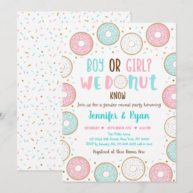 Invitation Révélation de genre Donut Pink Blue Gold (Devant / Derrière)
