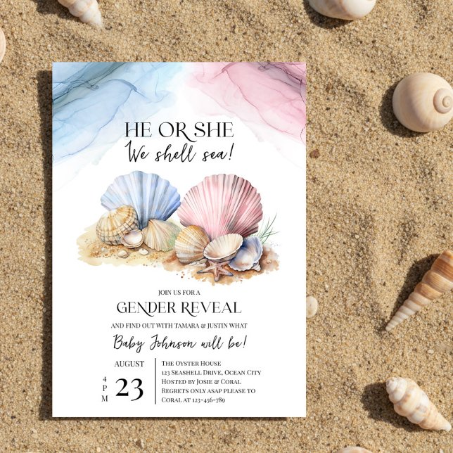Invitation Révélation de sexe Coquillage Il ou Elle Nous allo (He or She We Shell Sea Coastal Gender Reveal Invitation by Darling & May)