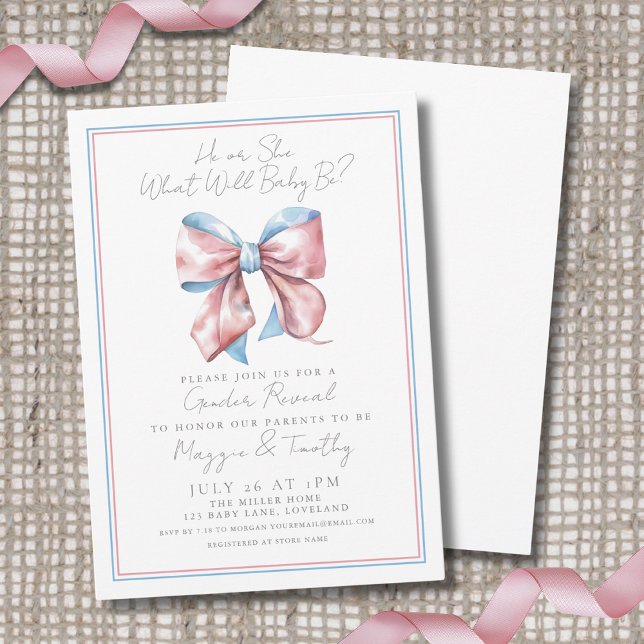 Invitation Révélation De Sexe Rose Et Bleu De Bow (Bow Pink And Blue Gender Reveal Invitation )