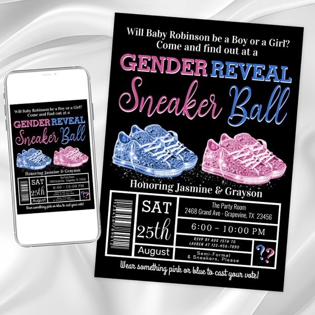 Invitation Révélation du genre de la balle basket (Sneaker ball gender reveal invitations. Instant download and printed invitations available.)
