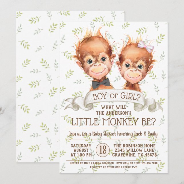 Invitation Révélation du genre de singe d'aquarelle (Devant / Derrière)