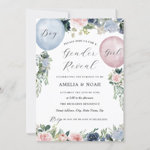 Invitation Révélation du sexe avec ballon floral rose bleu