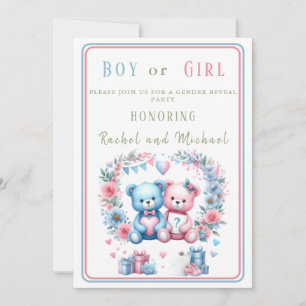 Invitation Révélation du sexe de bébé ours en peluche bleu ro