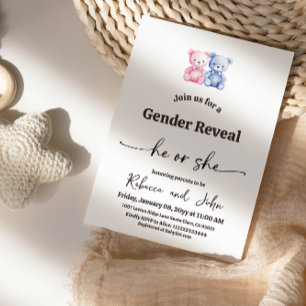 Invitation Révélation du sexe de bébé Ours Rose Bleu Minimali