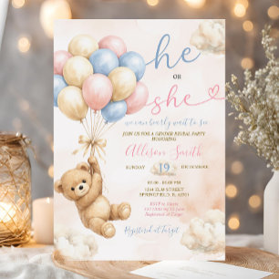 Invitation Révélation du sexe de l'ours Ballon rose et bleu
