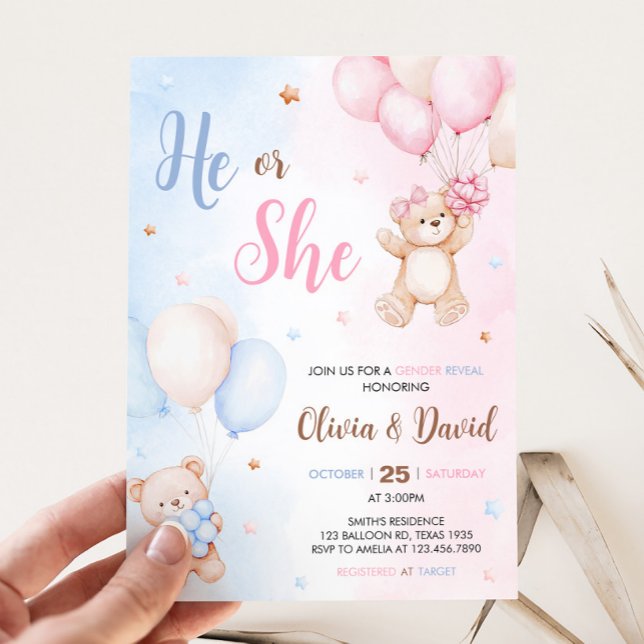 Invitation Révélation du sexe du bébé avec ballon ours  (Bear Balloon He or She Gender Reveal Invitation)